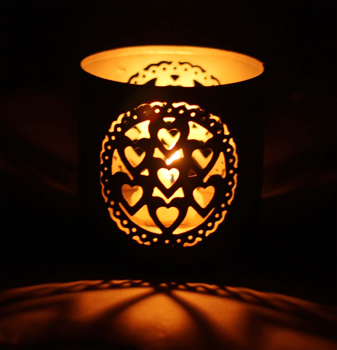 Round-Shaped Tea-Light Candle Holder - Handmade in Iron - Black Exteriors & Gray Interiors - Heart Shaped Motifs - Metal Votive Candle Stands - Table-Top Decorations - Buy in Bulk Wholesale